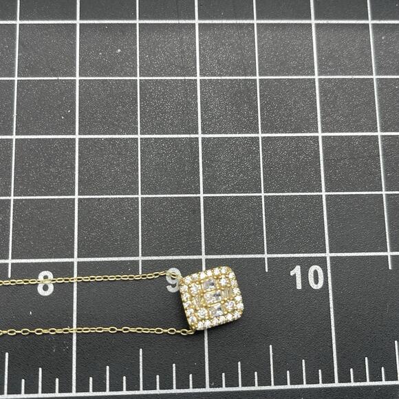 Sterling Silver Gold Vermeil Necklace CZ Sparkle Cluster Rectangle Pendant - Picture 5 of 9